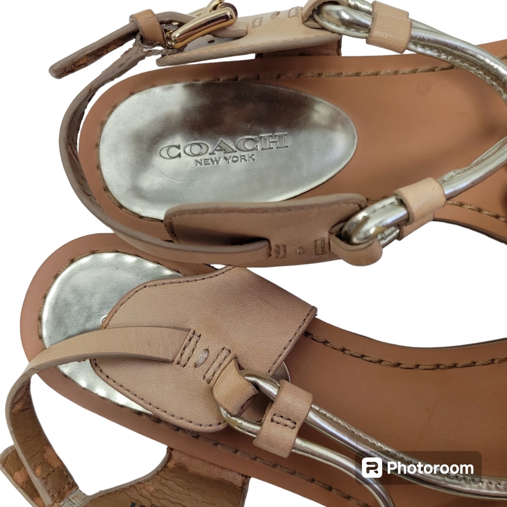 Coach Beige and Metallic Gold Leather T-Strap Sandals - Picture 9 of 16